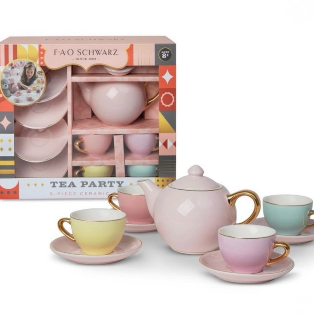 9 Piece FAO Schwarz Hand-Glazed Ceramic Tea Party Set.